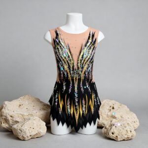 Rhythmic Gymnastics Competition Leotard – Black + Gold and crystals