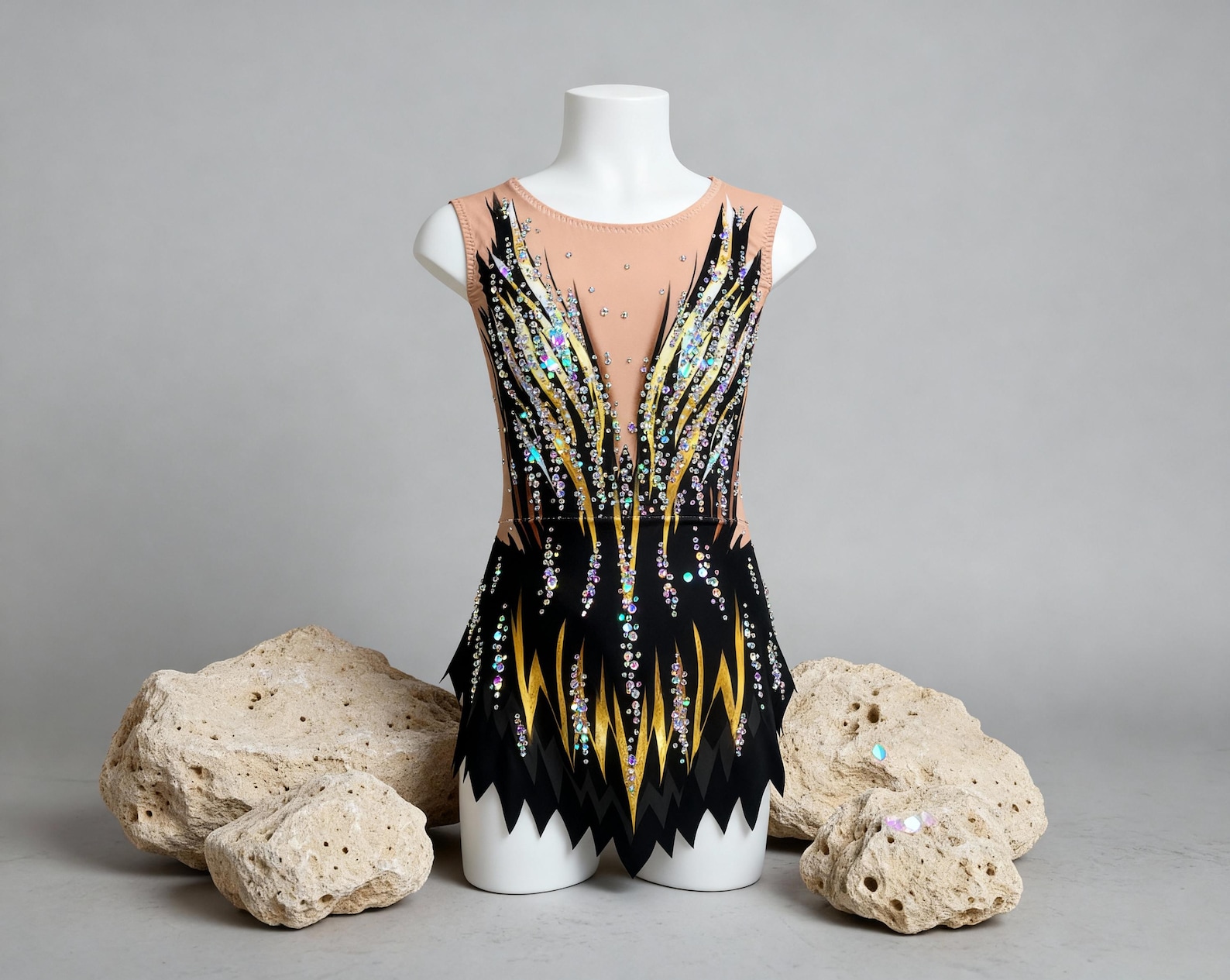 Rhythmic Gymnastics Competition Leotard – Black + Gold and crystals