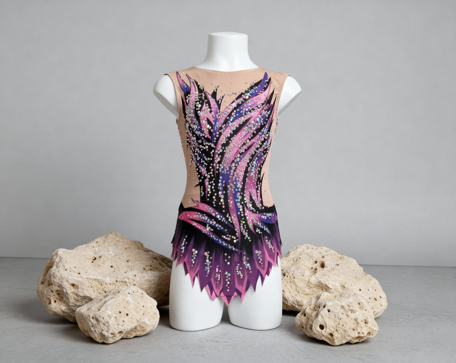 Rhythmic Gymnastics Competition Leotard – Pink & Lilac with Black - Gambar 2