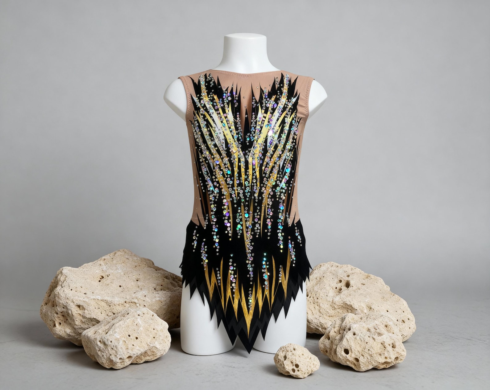 Rhythmic Gymnastics Competition Leotard – Black + Gold and crystals - Gambar 2